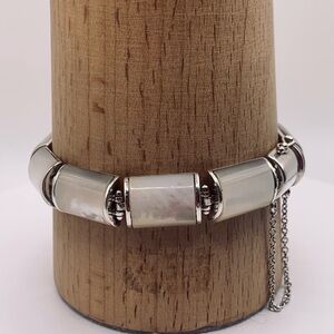 Sterling Silver Mother of Barrel Inlaid Panel Bracelet w/Latch Lock Safety Chain